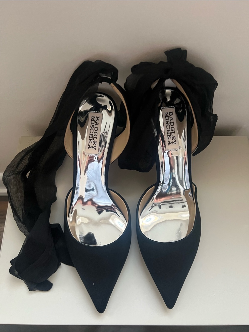 Badgley Mischka Black Satin Pointed Toe Tie-Ankle Pumps